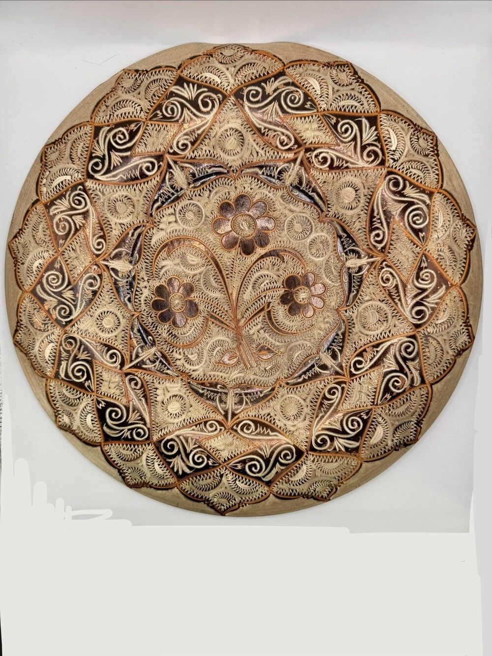 Vintage Turkish Hand Painted Etched Copper Engraved Plate Wall Hanging 10.75”